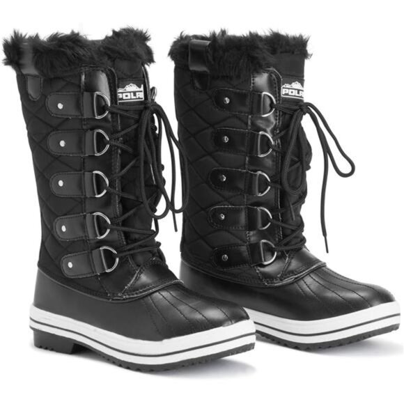 Black Rubber Polar Nylon Tall Winter Snow Cold Shoes Boot for Adult Women - Picture 6 of 7